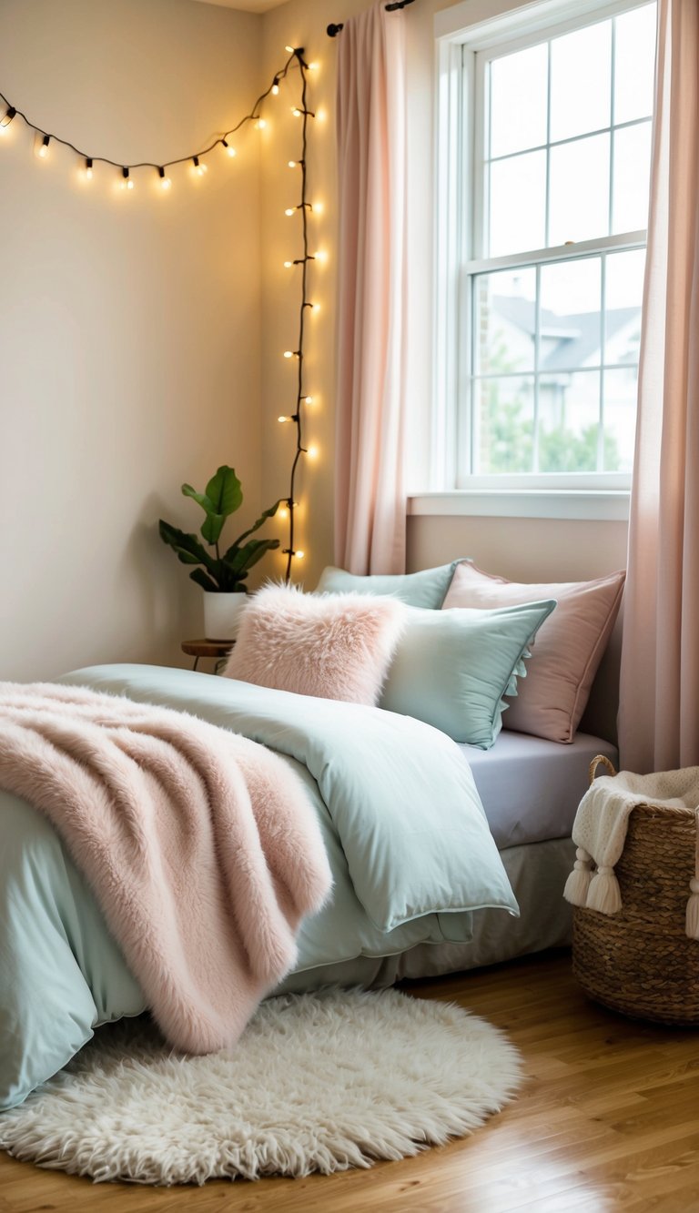 A cozy bedroom with soft, pastel colors, a fluffy duvet, and twinkling string lights draped above the bed. A large window lets in natural light, and a plush rug adds warmth to the hardwood floor