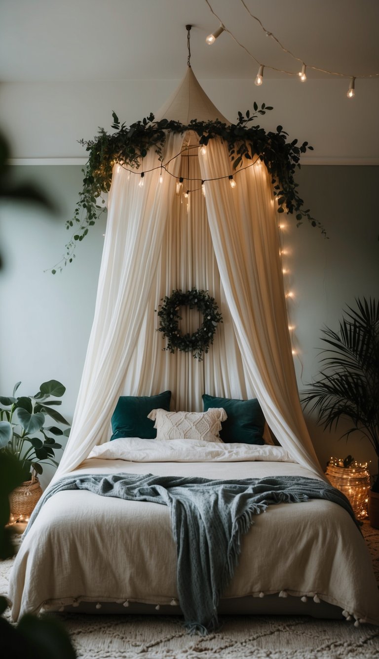 A cozy bedroom with a bohemian canopy bed, draped in flowing fabric and surrounded by dreamy fairy lights and lush greenery