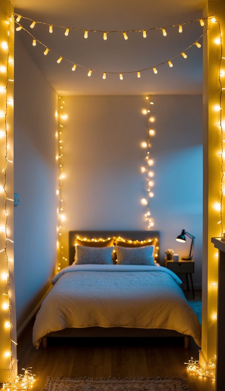 Fairy lights drape gracefully around a cozy bedroom, casting a warm and dreamy glow over the space