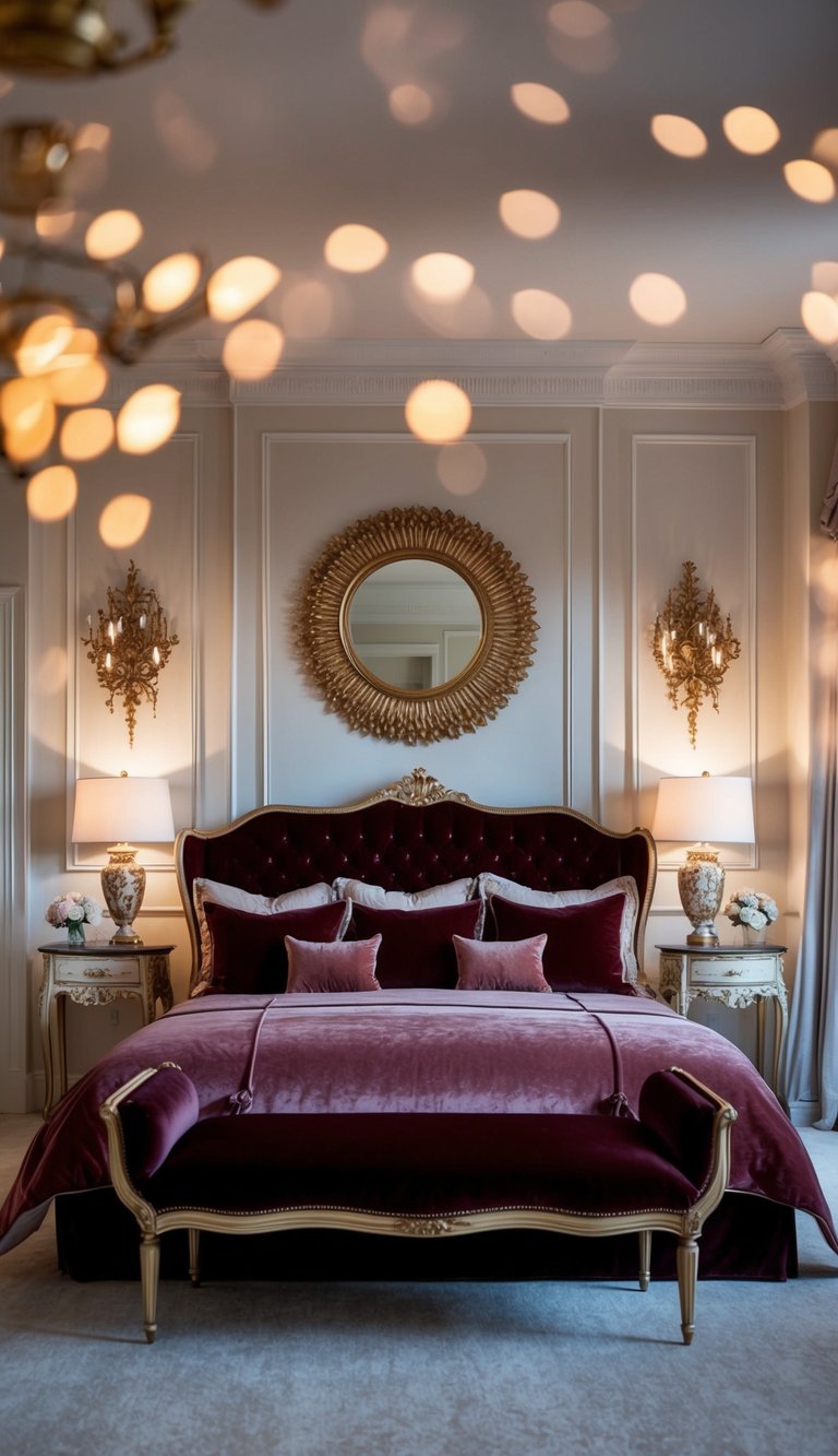 A lavish bed with velvet bedding surrounded by soft, ambient lighting and elegant decor