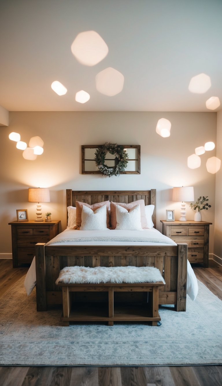 A cozy bedroom with rustic wood furniture, soft lighting, and dreamy decor