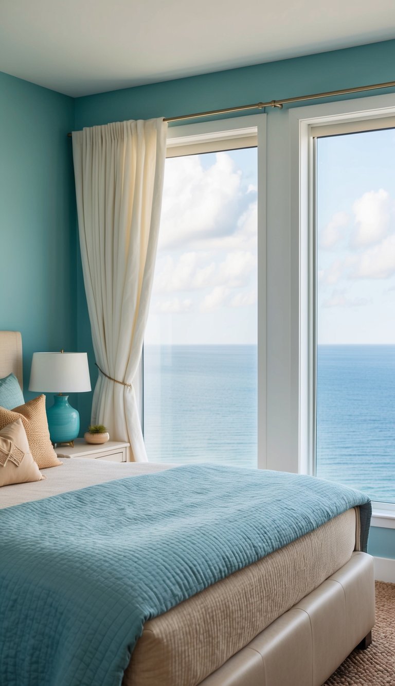 A cozy bedroom with soft blue walls, sandy beige furniture, and billowing white curtains overlooking a calm ocean view