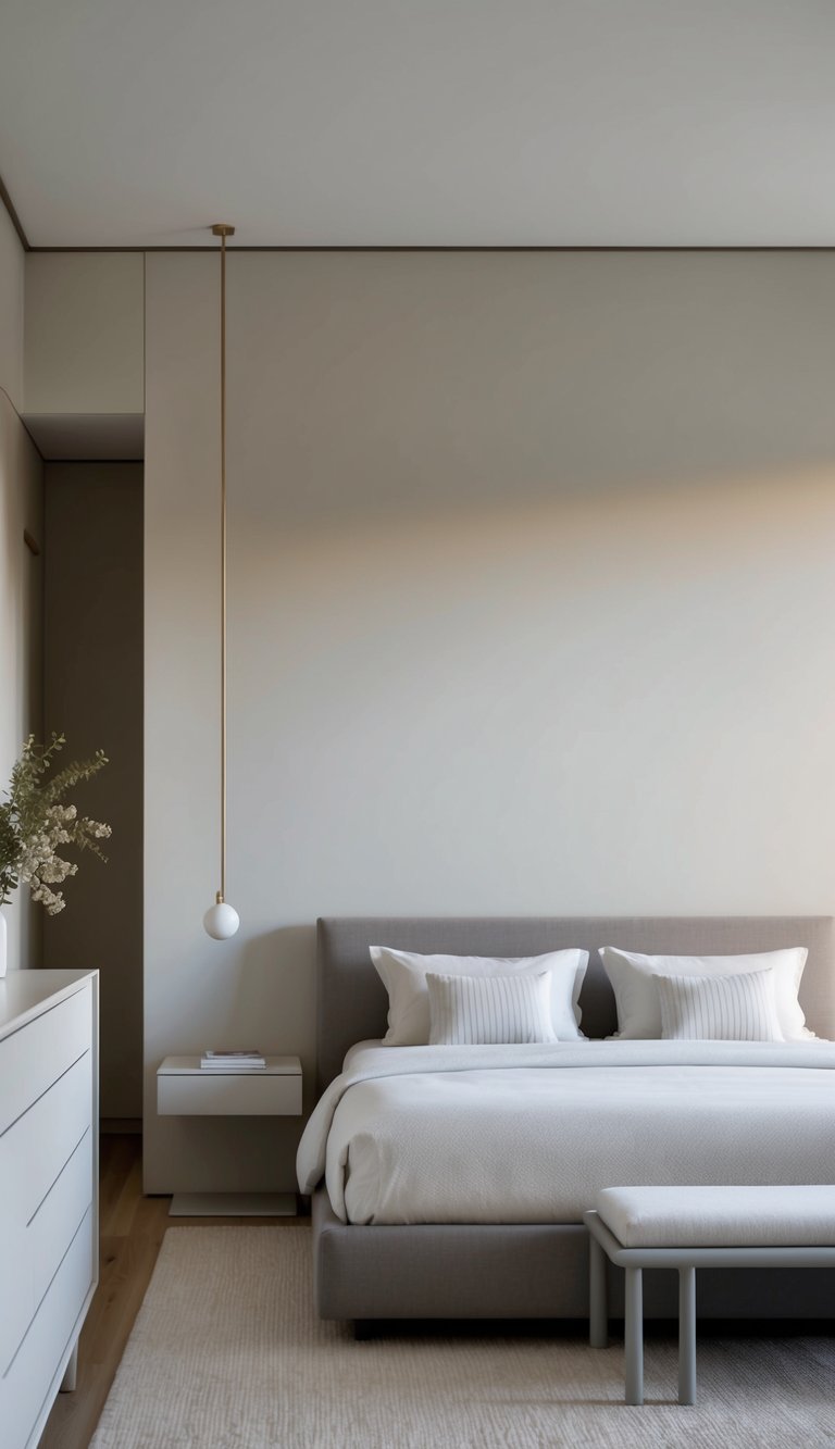 A serene bedroom with clean lines, muted colors, and simple, elegant furniture pieces. A cozy bed, sleek nightstands, and a minimalist dresser create a peaceful and inviting atmosphere