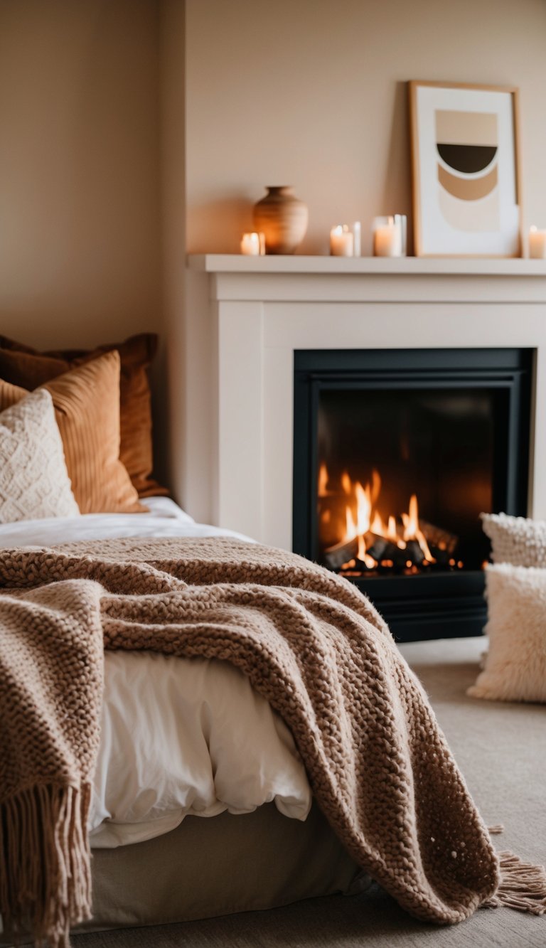 A cozy bedroom with soft, knitted blankets, plush pillows, and warm, earthy tones. A crackling fireplace adds a comforting glow to the room