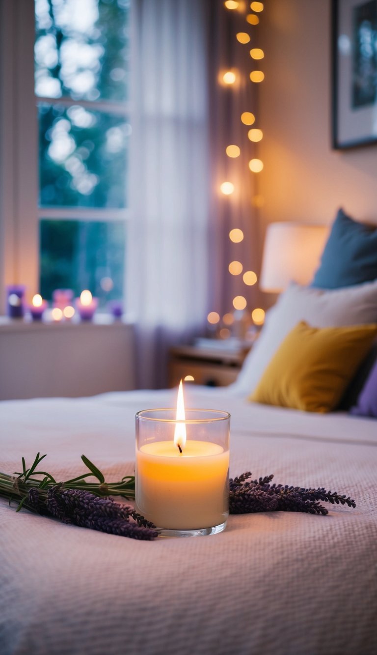 A cozy bedroom with soft lighting from lavender-scented candles, creating a dreamy and tranquil atmosphere