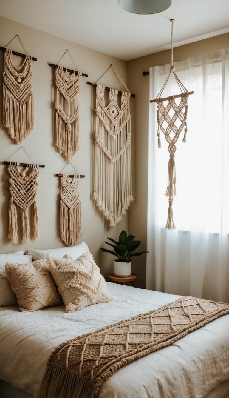 A cozy bedroom with a bohemian vibe, featuring a variety of macramé wall hangings in different sizes and designs. The room is filled with soft, natural light, creating a dreamy and tranquil atmosphere