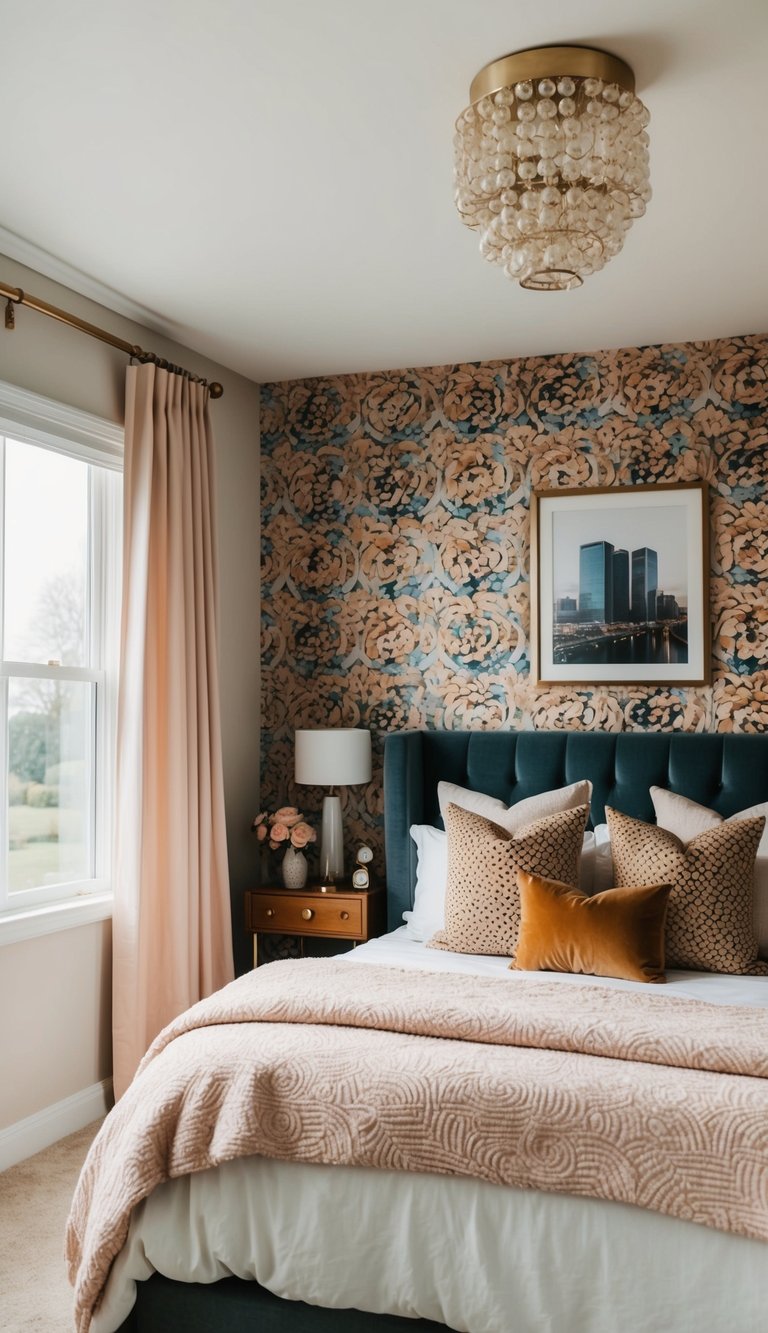 A cozy bedroom with bold statement wallpaper, soft lighting, and dreamy decor