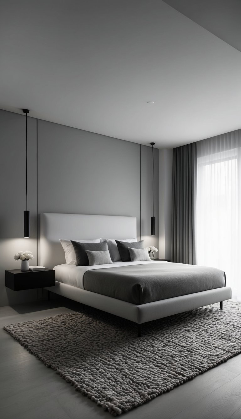 A sleek, monochrome bedroom with minimalist furniture, soft lighting, and a cozy, textured rug