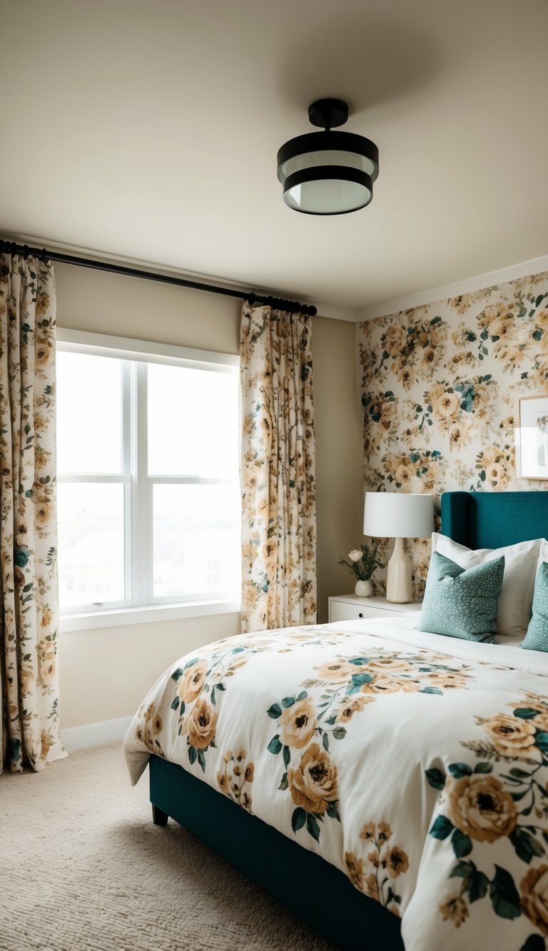 A cozy bedroom with floral patterns on the bedding and curtains, accented with a modern twist in the decor and furniture