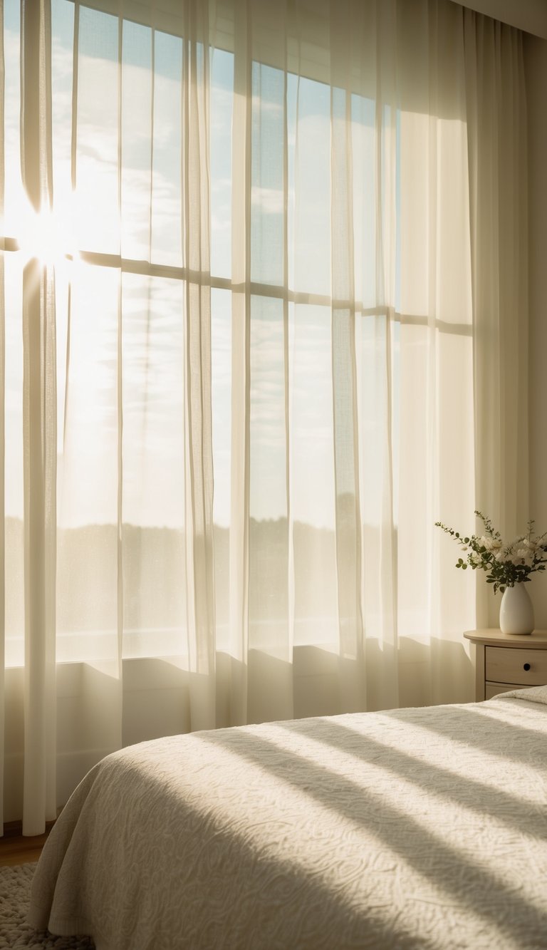 Sunlight filters through sheer curtains, casting soft shadows on a cozy bed and delicate furnishings in a serene bedroom