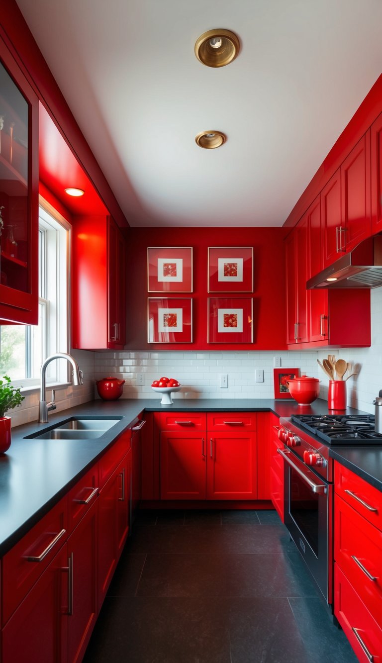 A modern kitchen featuring red wall art displays with abstract designs.