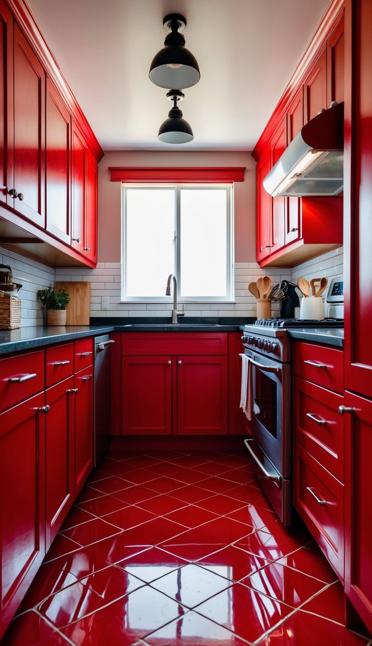 A stylish kitchen featuring red tile flooring, red kitchen cabinets, and natural elements.