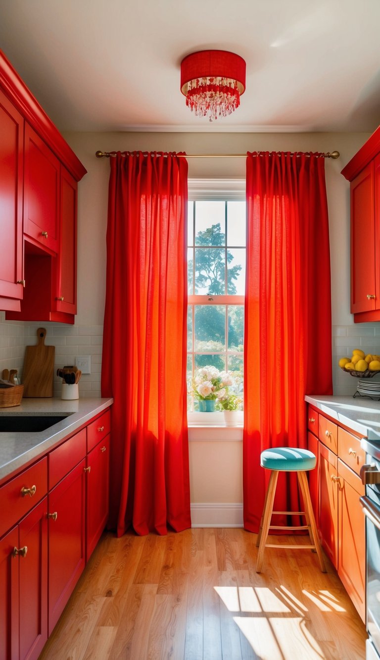 A kitchen featuring cheerful red window treatments, gray cabinets, and a bright sink area.