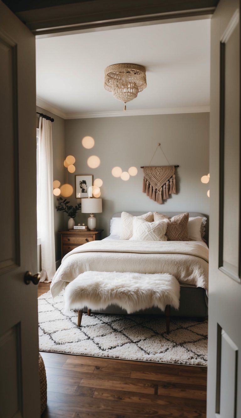 A cozy, vintage-inspired bedroom with a plush rug, soft lighting, and dreamy decor