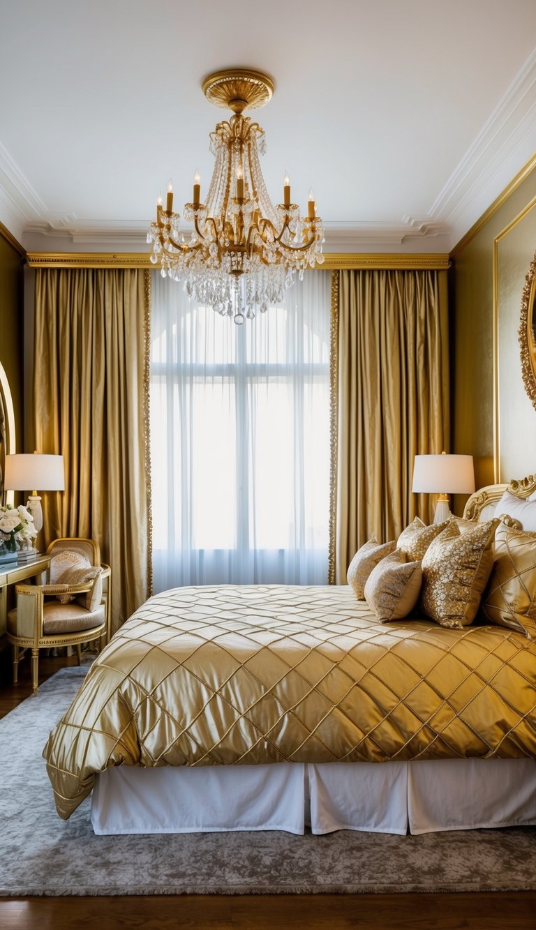 A luxurious bedroom adorned with gold decor, from the elegant chandelier to the shimmering bedding and opulent accents