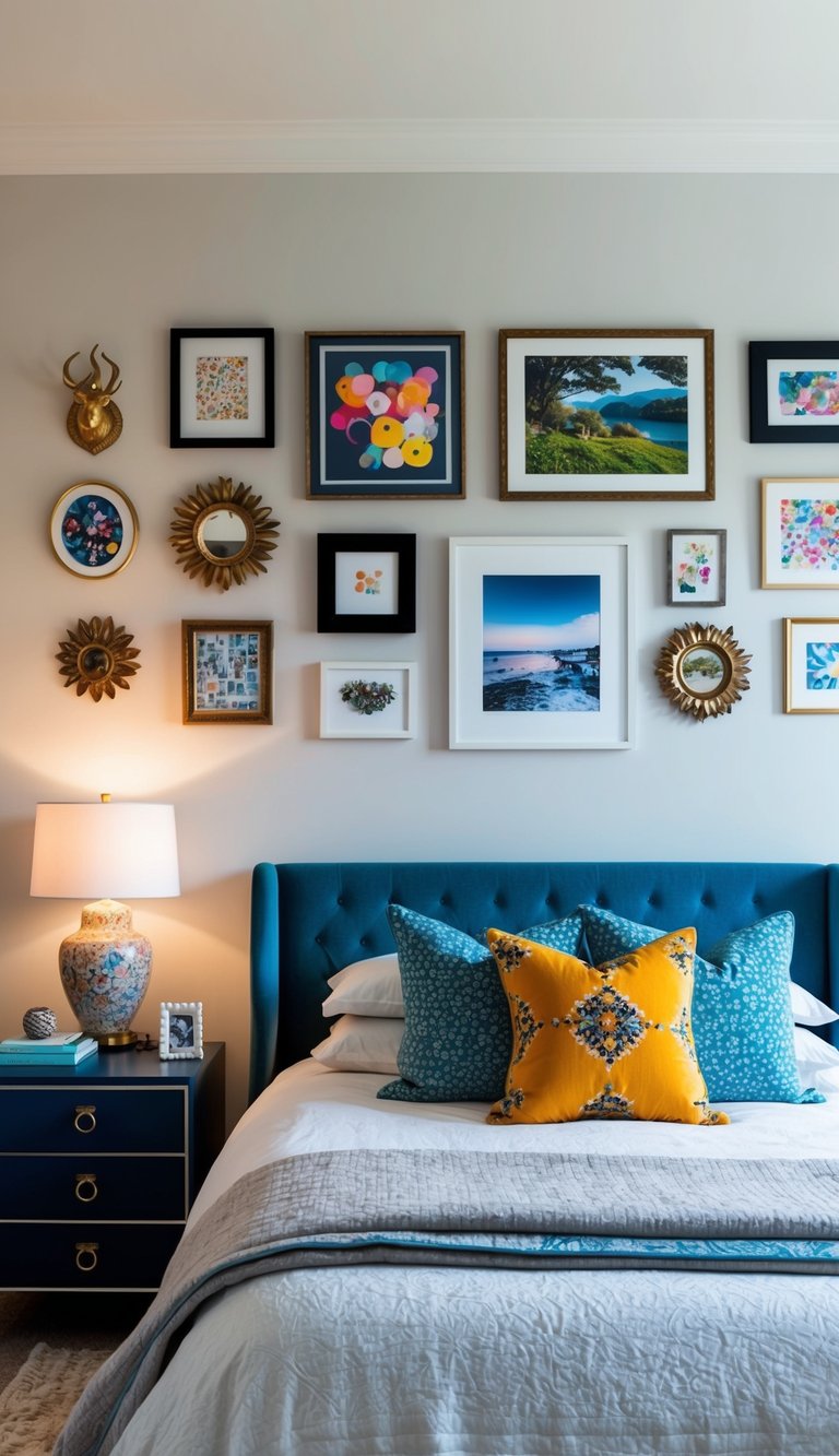 A bedroom with an eclectic gallery wall featuring a mix of artwork and decor, creating a dreamy and whimsical atmosphere