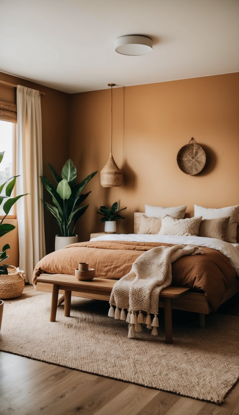 A cozy bedroom with warm earthy tones, natural wood furniture, soft woven textiles, and potted plants creating a serene and harmonious atmosphere