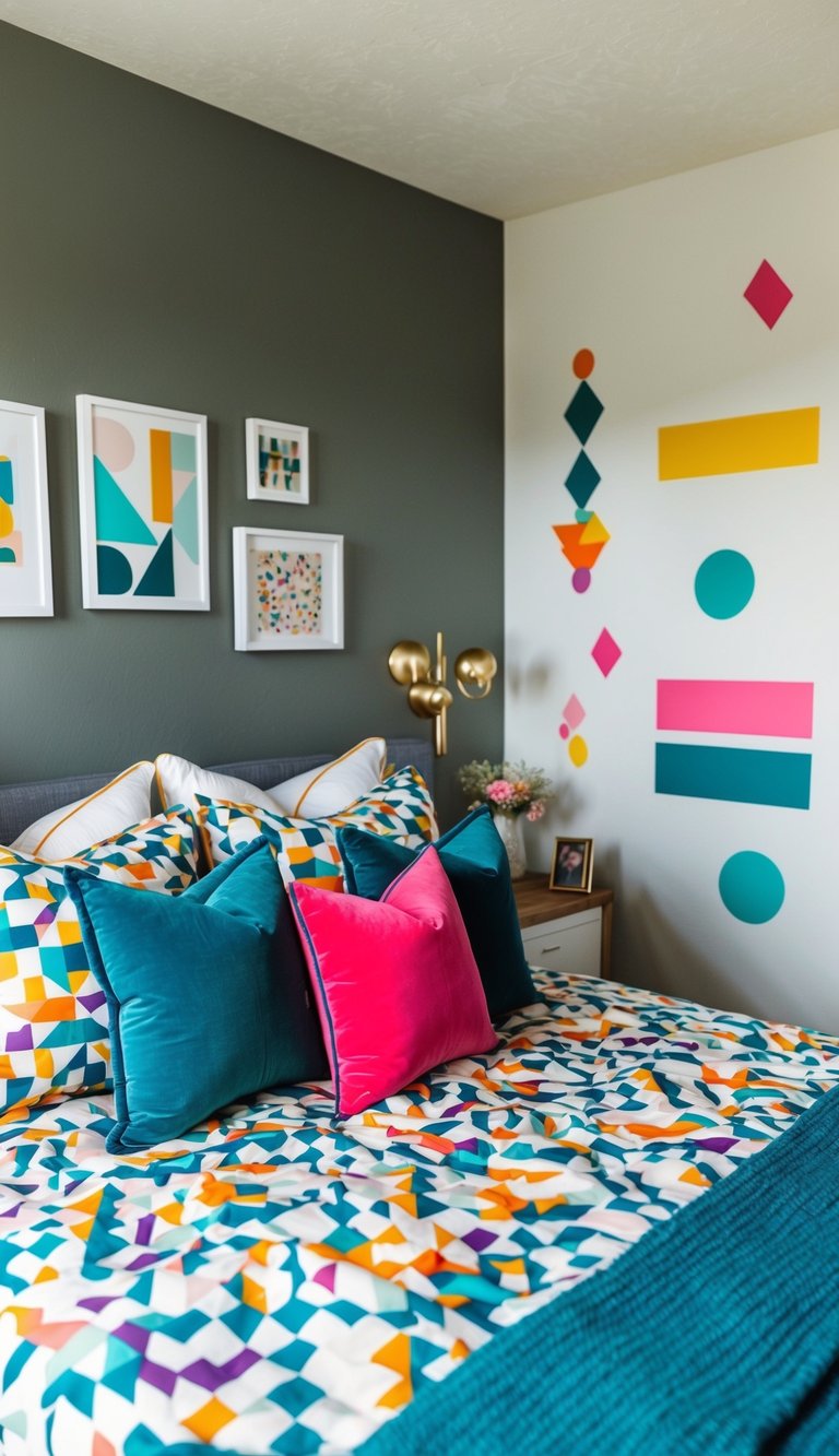 A cozy bedroom with geometric patterned bedding, colorful throw pillows, and a mix of playful shapes on the walls and decor