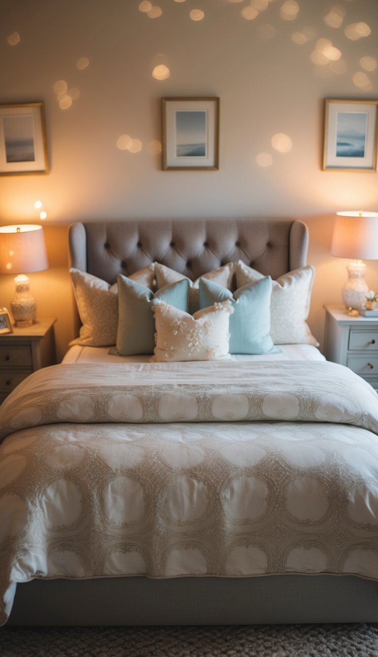 A cozy bed with subtle patterned linens, soft pillows, and warm lighting, surrounded by dreamy decor and a peaceful ambiance