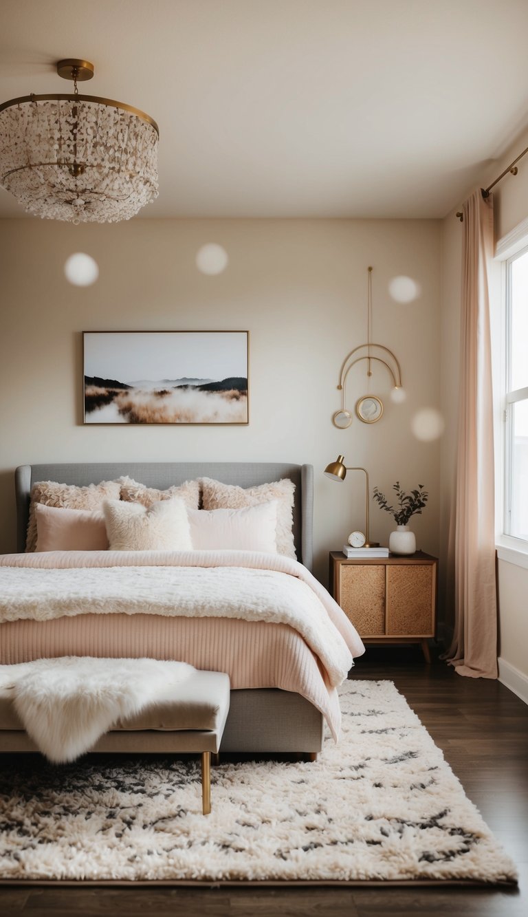 A cozy bedroom with a plush area rug, soft lighting, and dreamy decor