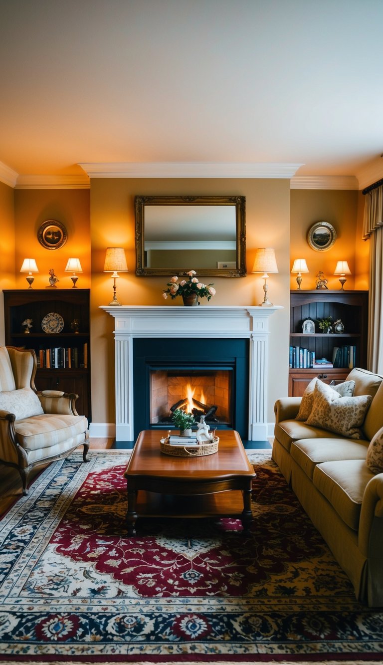 A cozy living room with a fireplace, classic furniture, and warm lighting. A large area rug and decorative accents add to the traditional feel