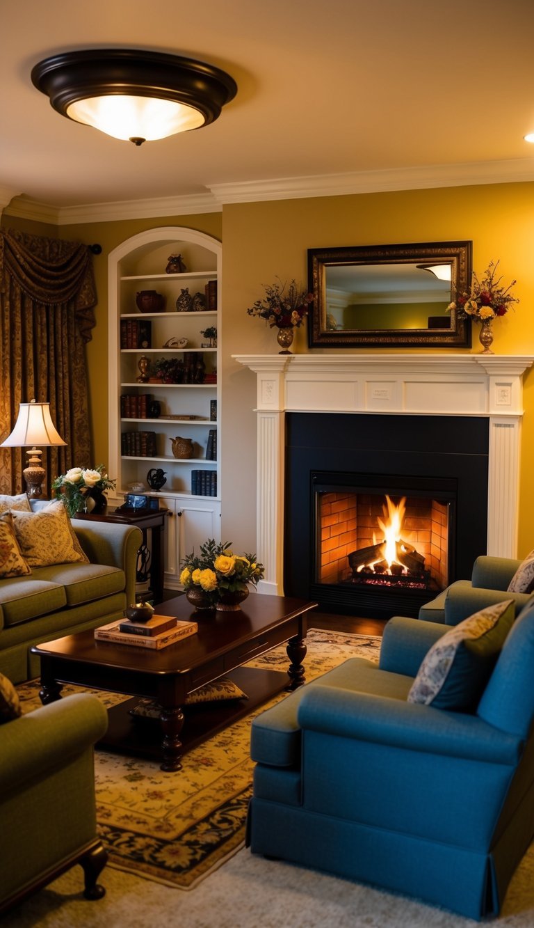 A crackling fireplace warms a cozy living room filled with traditional decor and ample seating for 22