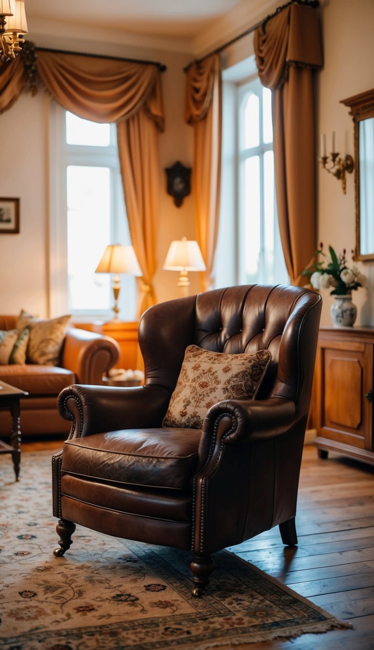 A vintage leather armchair sits in a traditional living room, surrounded by classic decor and warm lighting