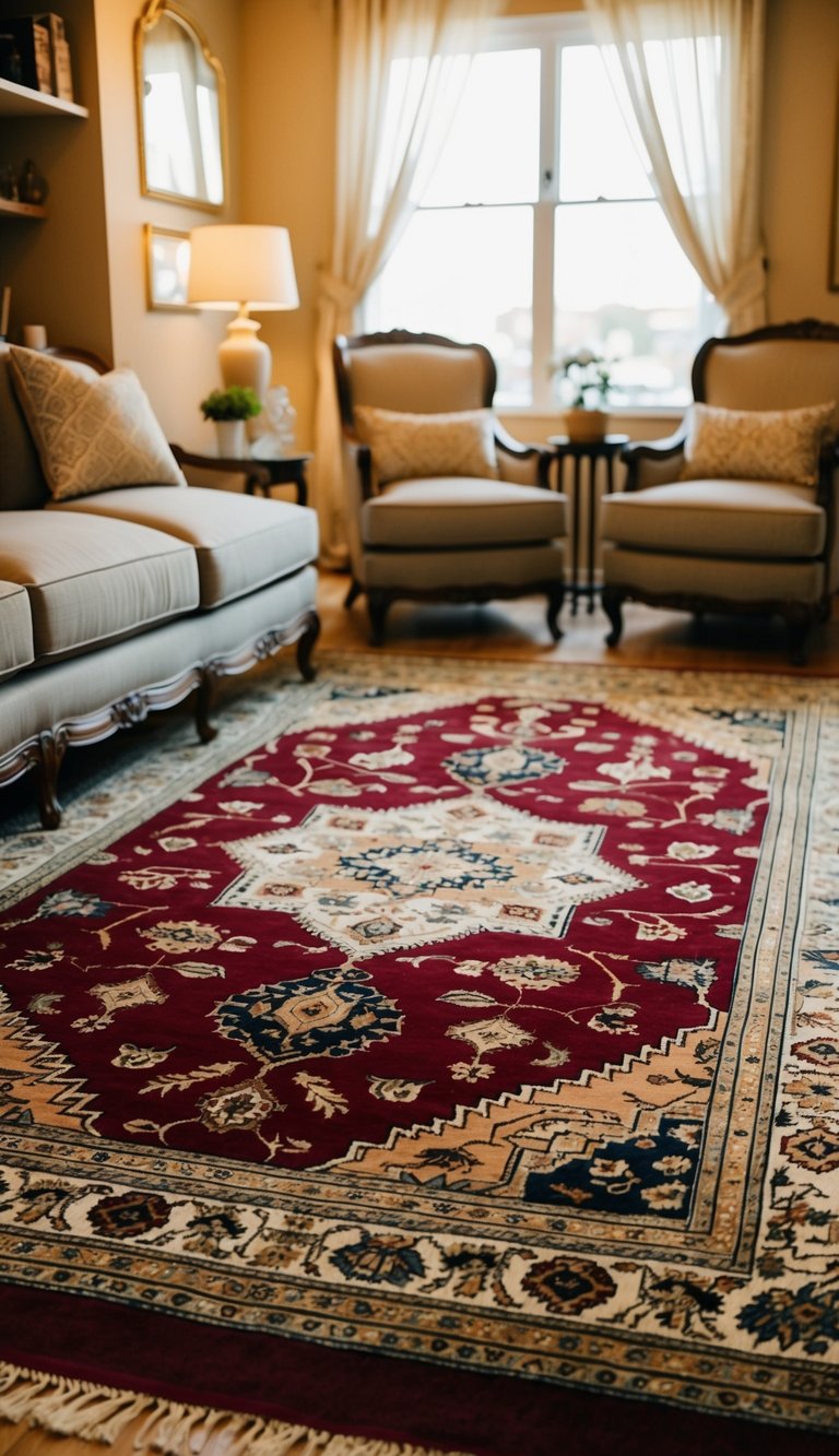 A traditional Persian rug lies in the center of a cozy living room, surrounded by elegant furniture and warm lighting