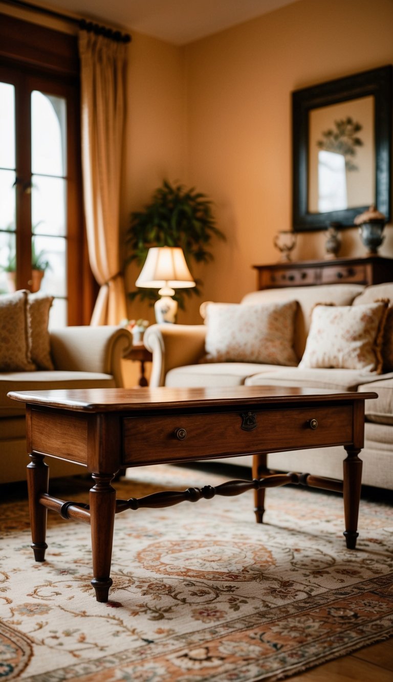 A vintage wooden coffee table sits in a cozy traditional living room, surrounded by warm hues and classic furniture