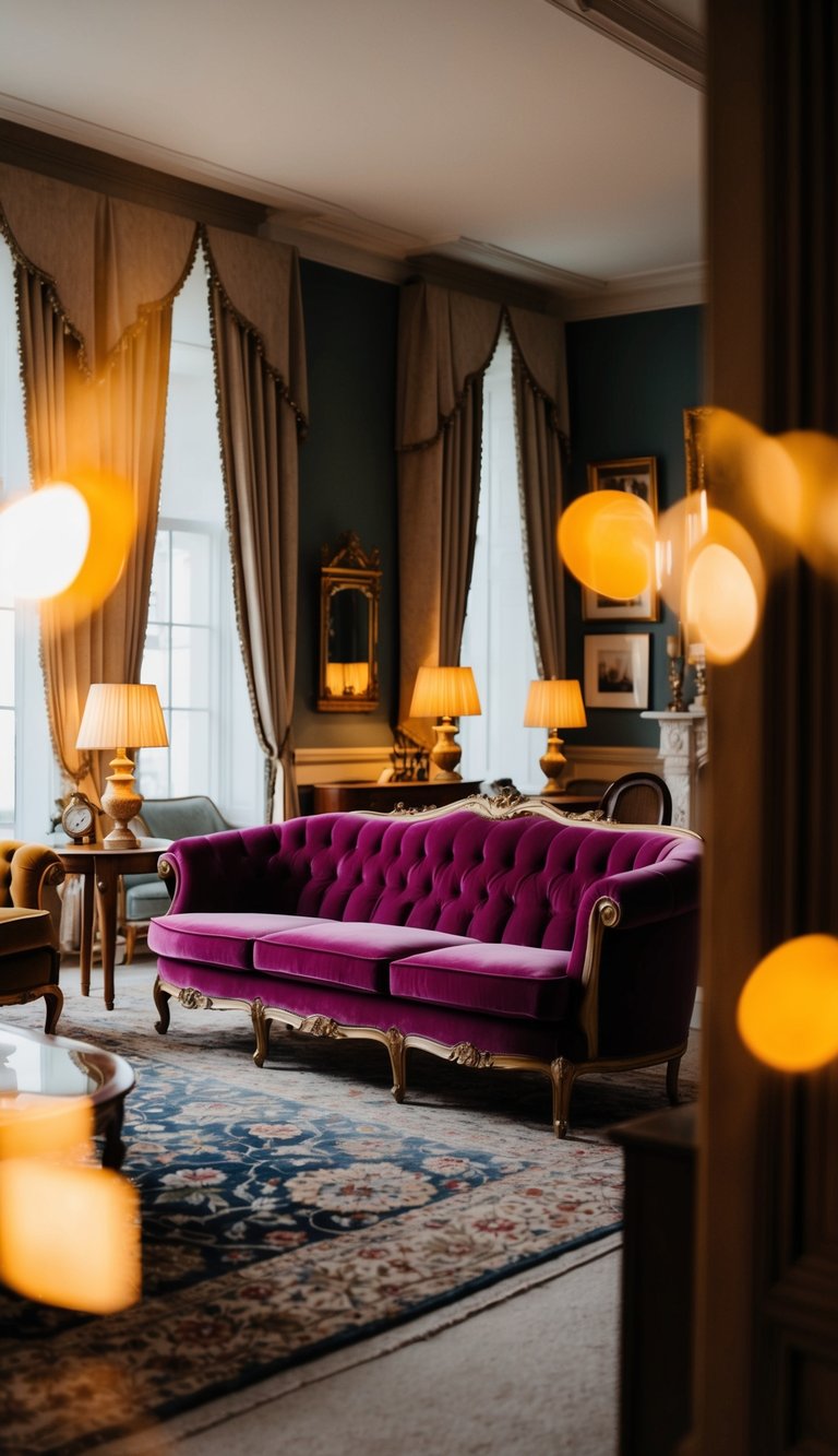 A plush velvet sofa sits in a traditional living room, surrounded by classic decor and warm lighting