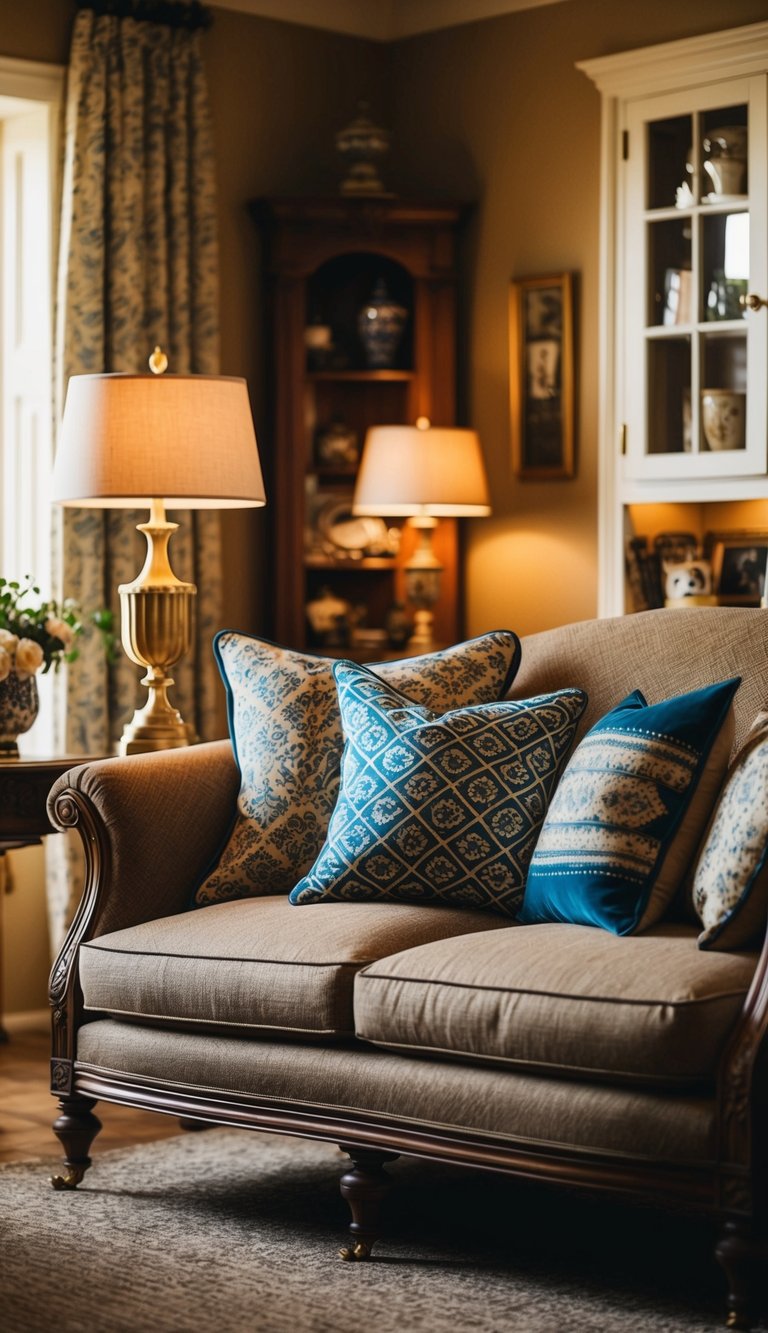 A cozy living room with patterned throw pillows on a traditional sofa, surrounded by classic decor and warm lighting