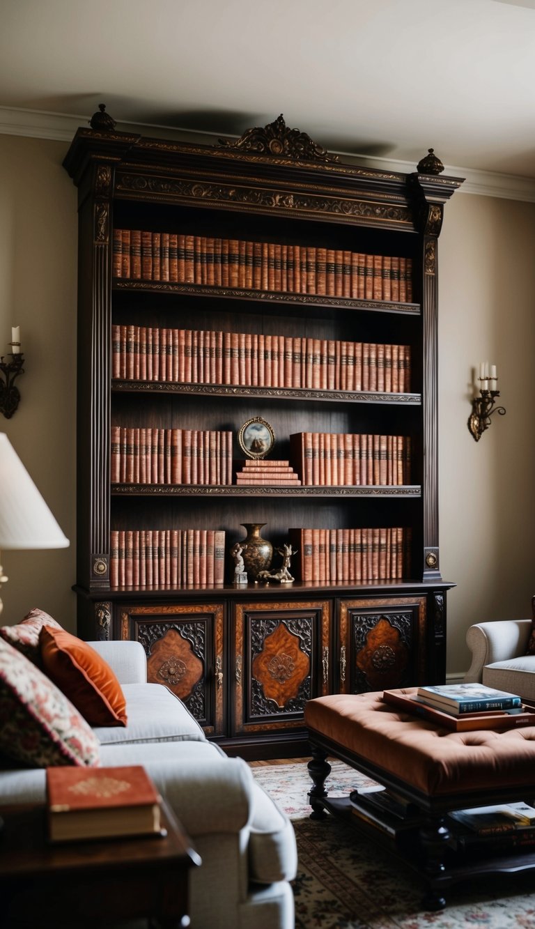 An ornate bookcase filled with traditional decor in a cozy living room