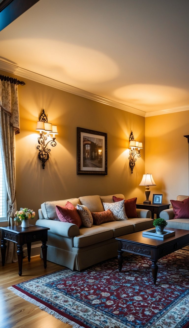 A cozy living room with traditional decor, featuring decorative wall sconces casting a warm glow