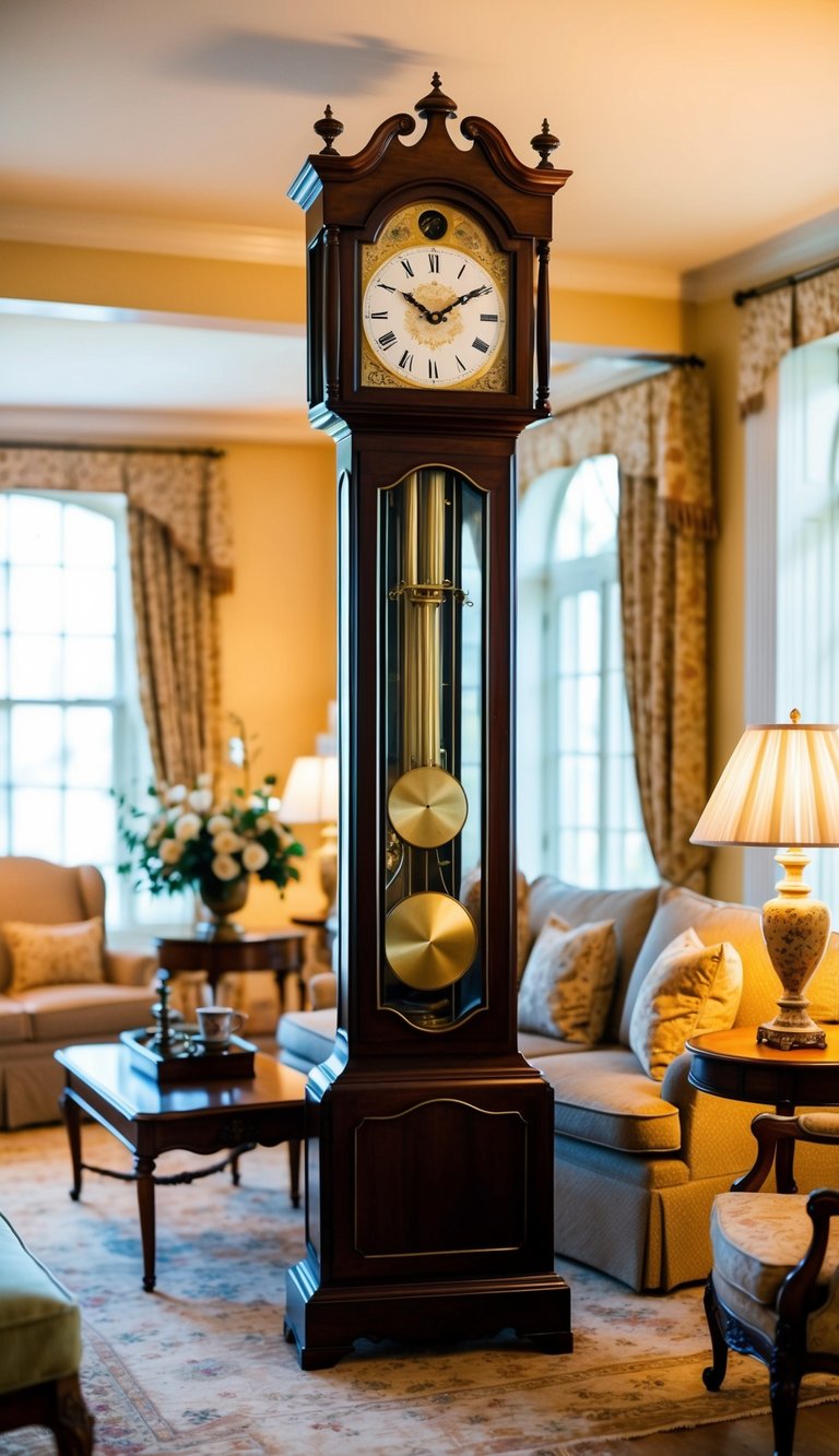 A charming grandfather clock stands tall in a traditional living room, surrounded by classic furniture and warm, inviting decor