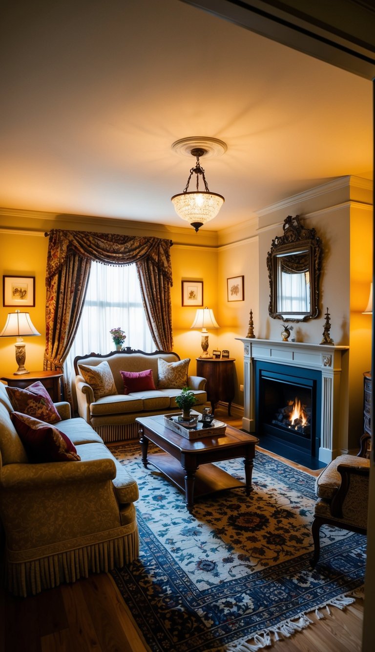 A cozy living room with vintage-inspired decor, including traditional furniture, patterned rugs, and antique accents. Warm lighting and a fireplace create a welcoming atmosphere