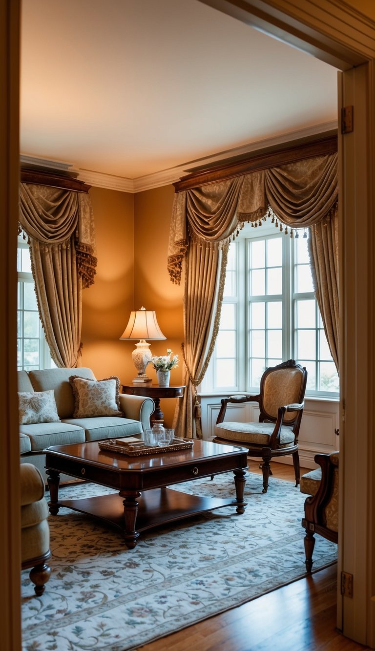 A cozy living room with elegant traditional drapery, warm lighting, and classic furniture