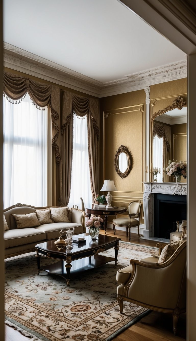 The traditional living room features elegant crown molding, ornate trim, and classic furniture. Rich colors and luxurious textures create a timeless and sophisticated atmosphere