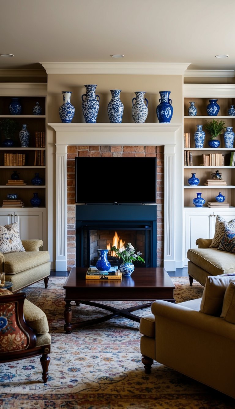 A cozy living room with a fireplace and bookshelves adorned with decorative ceramic vases in various sizes and patterns. Rich traditional furnishings complete the inviting space