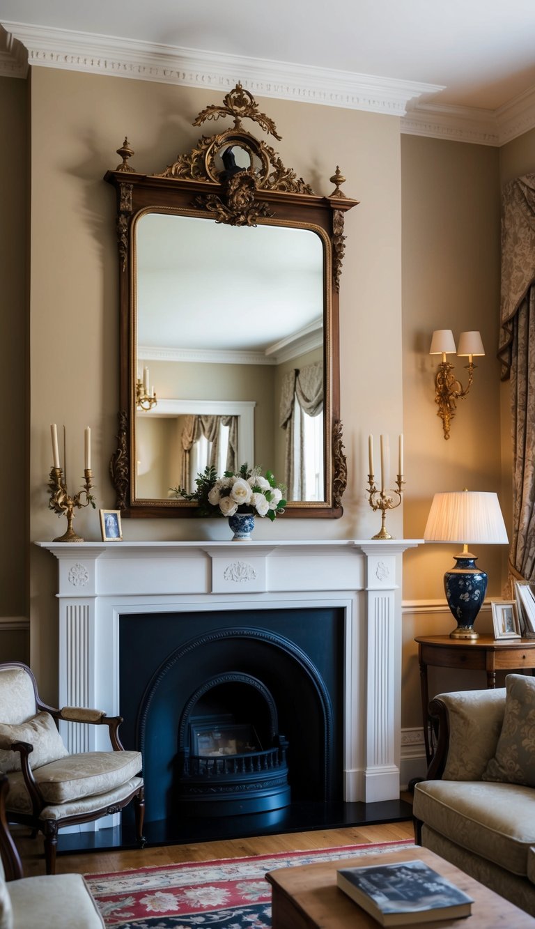 A Victorian-style mirror hangs above a fireplace in a traditional living room adorned with elegant furniture and classic decor