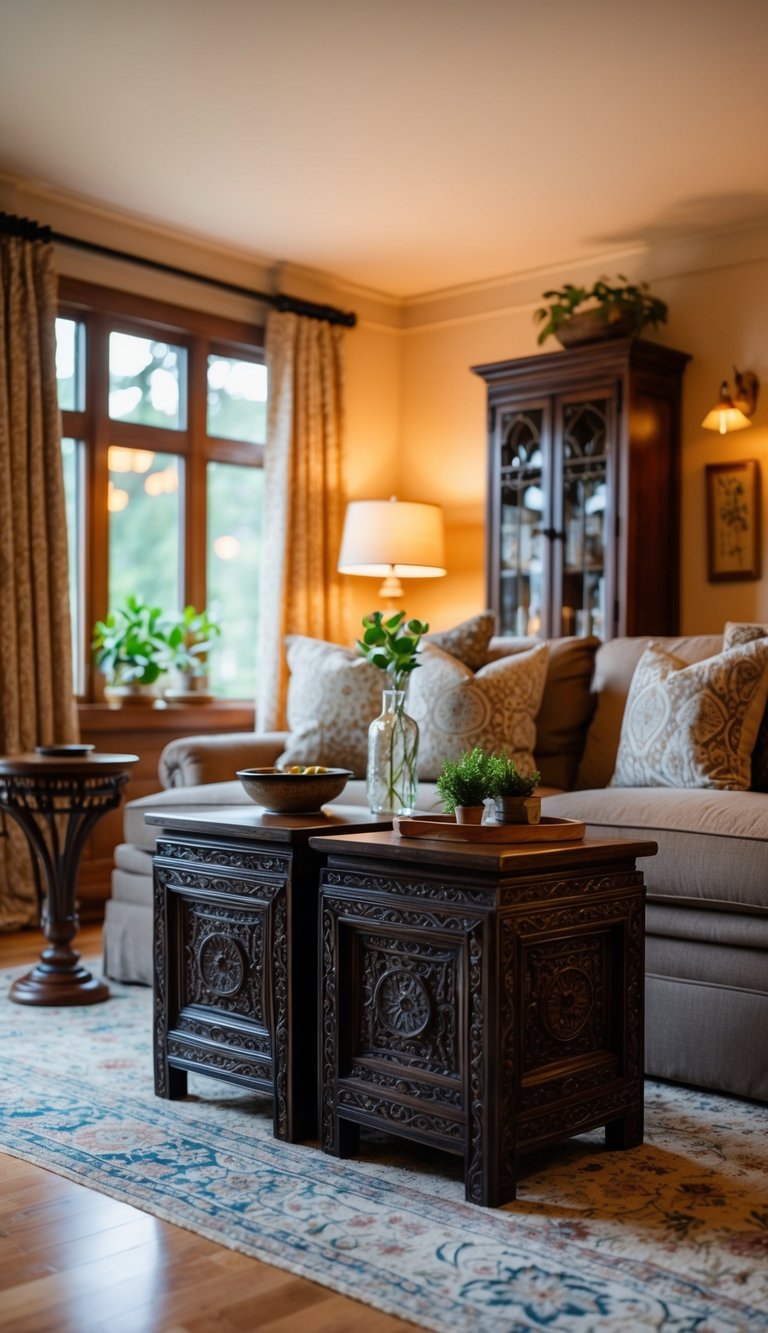 A cozy living room with handcrafted side tables, filled with traditional decor and warm lighting