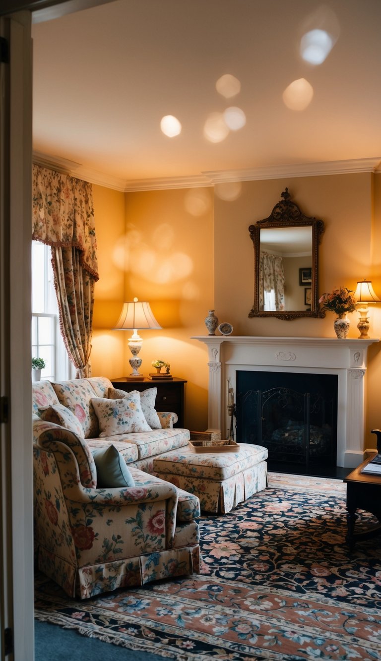 A cozy traditional living room with floral-patterned upholstery, warm lighting, and classic decor