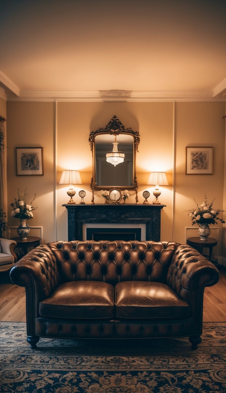 A traditional living room with a Chesterfield sofa as the focal point, surrounded by classic decor and warm lighting