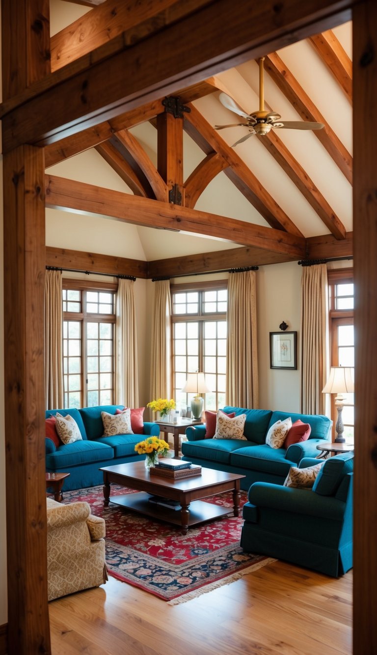 Rich wooden beams frame a spacious living room with traditional decor