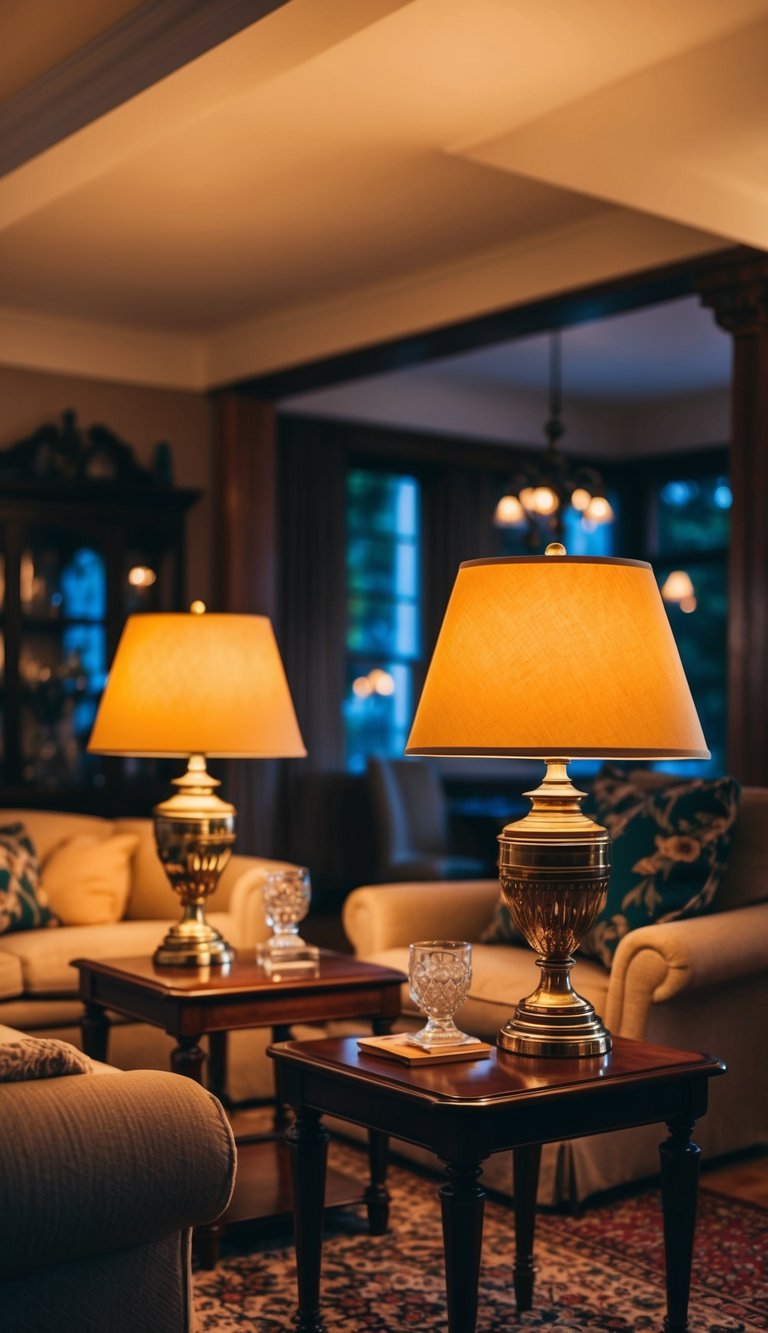 A cozy living room with two classic end table lamps casting a warm glow in a traditional setting