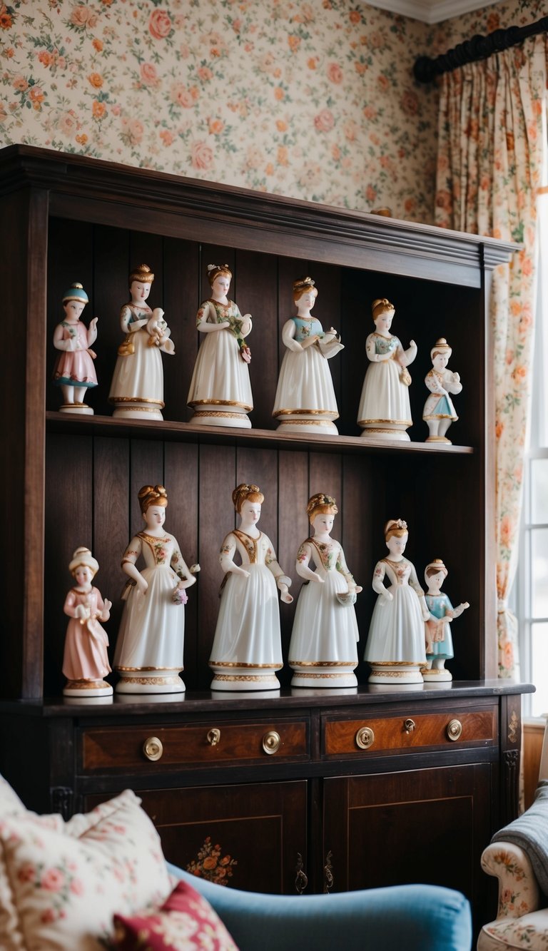 A collection of porcelain figurines displayed on a vintage wooden shelf in a traditional living room with floral wallpaper and cozy furniture