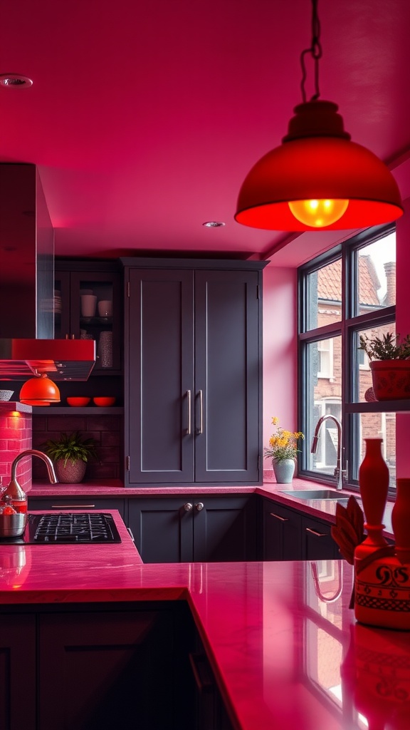 A modern kitchen featuring vibrant red lighting fixtures above a pink countertop and dark cabinets.