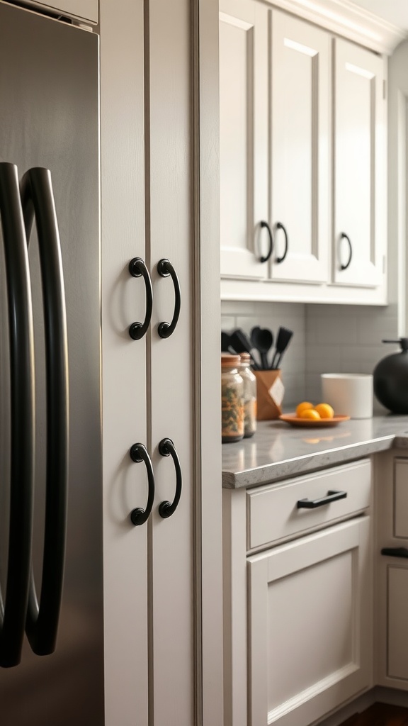 A close-up of a kitchen featuring white cabinets with vintage black handles.