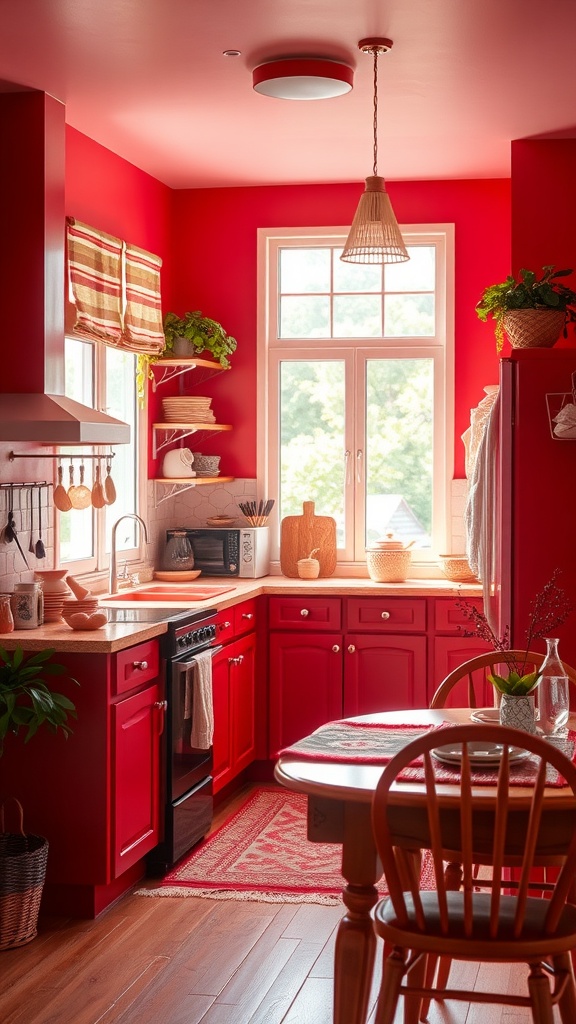 A cozy kitchen with red walls and cabinets, showcasing a bright and inviting atmosphere.