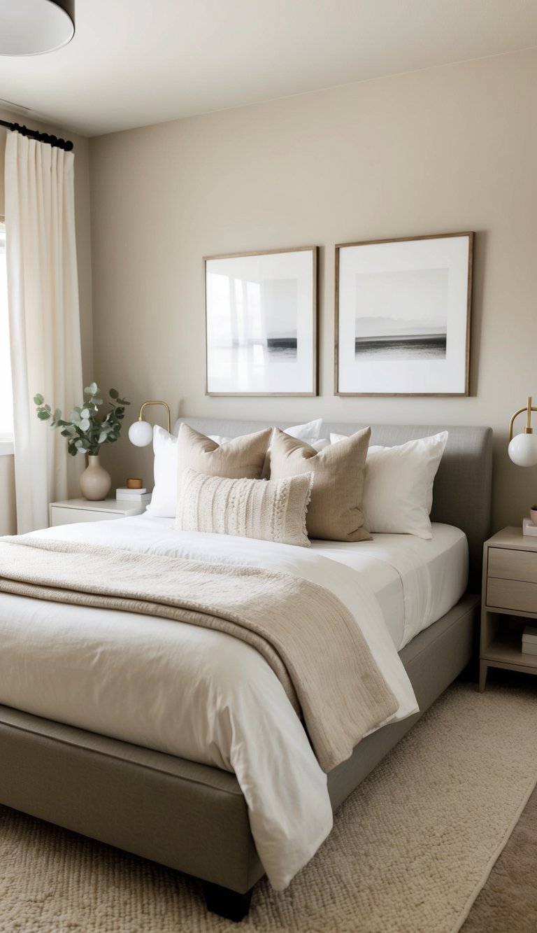 A cozy guest bedroom with neutral tones, a comfortable bed, soft lighting, and minimal decor