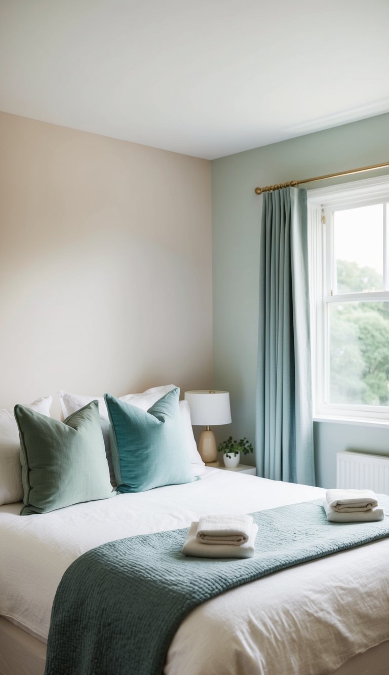 A cozy guest bedroom with soft pastel walls, white linens, and touches of muted blues and greens. A simple, uncluttered space with natural light